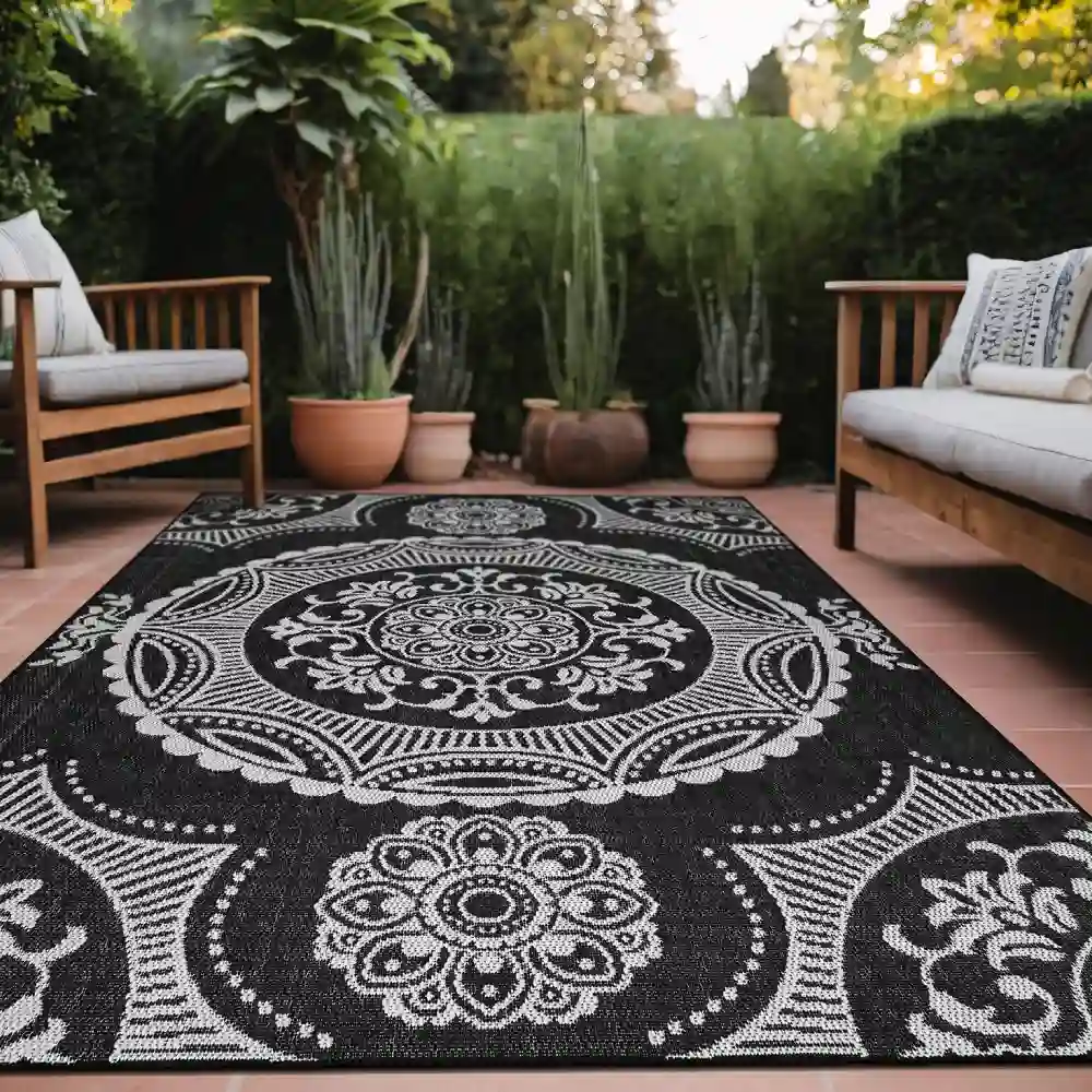 Outdoor rug styled for resort-like ambiance